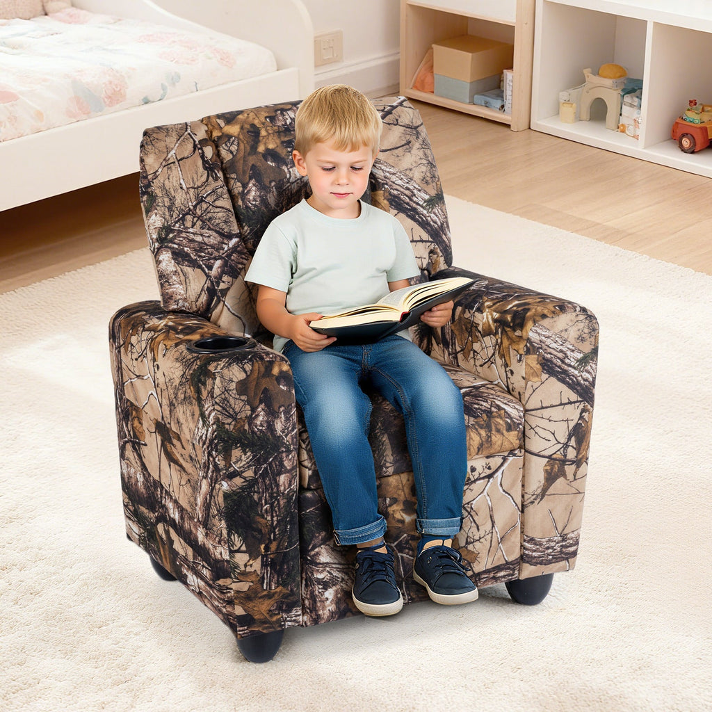 Kids Recliner Chair Push Back Toddler Reclining Armchair with Cup Holder