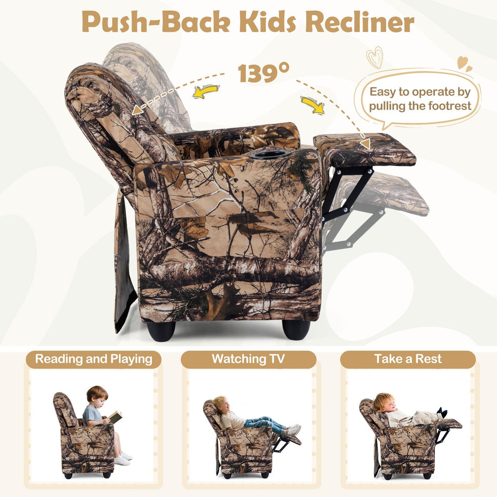 Kids Recliner Chair Push Back Toddler Reclining Armchair with Cup Holder
