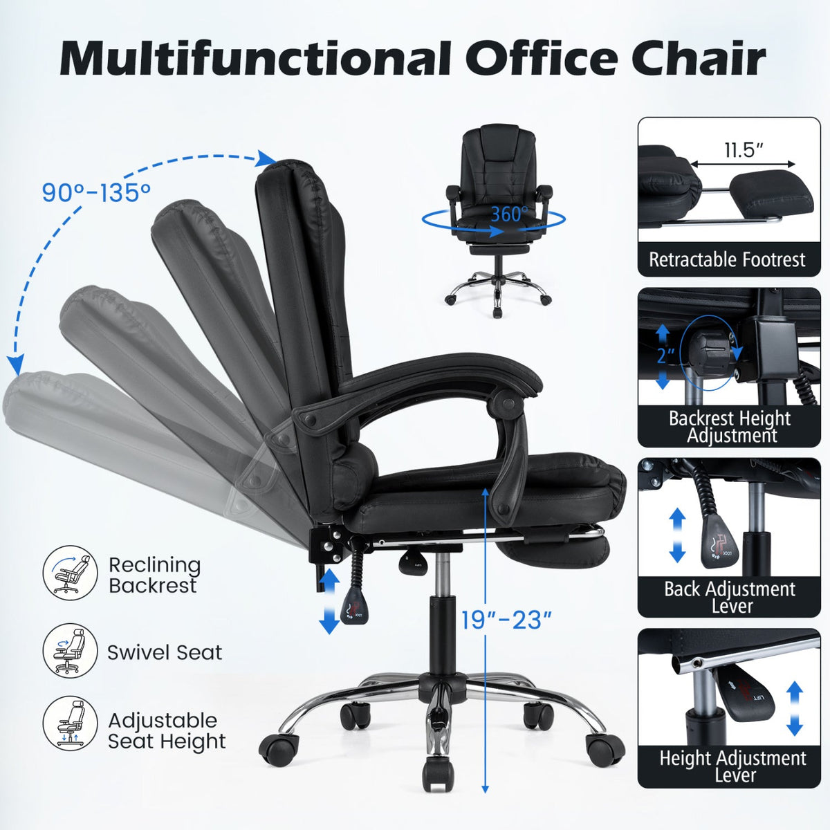 Adjustable Reclining Massage Office Chair with Footrest