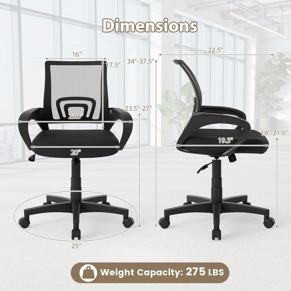Mid-Back Mesh Office Chair Ergonomic Computer Chair with Lumbar Support-Black