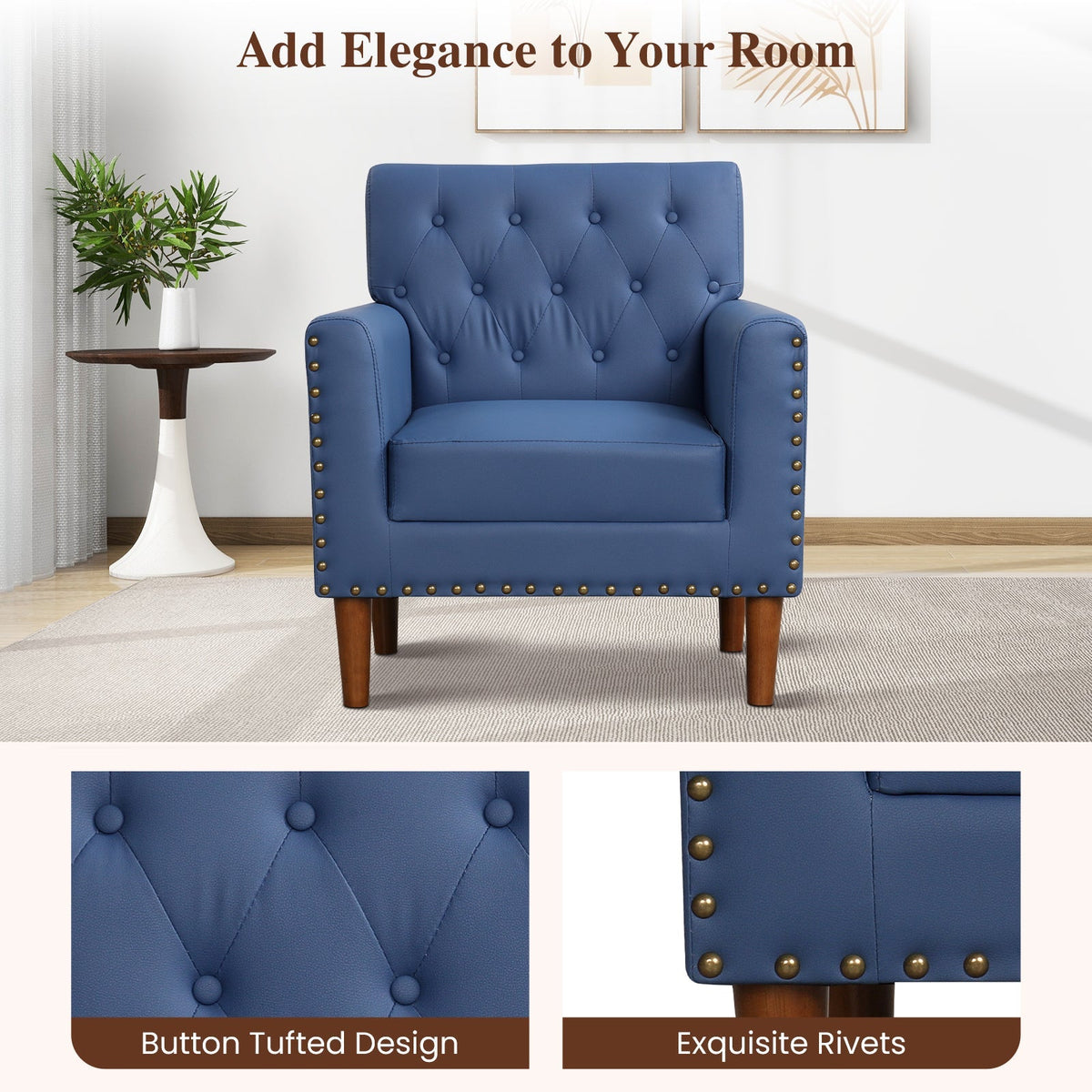Mid Century Modern Accent Chair with Button Tufted Decoration and Rivets