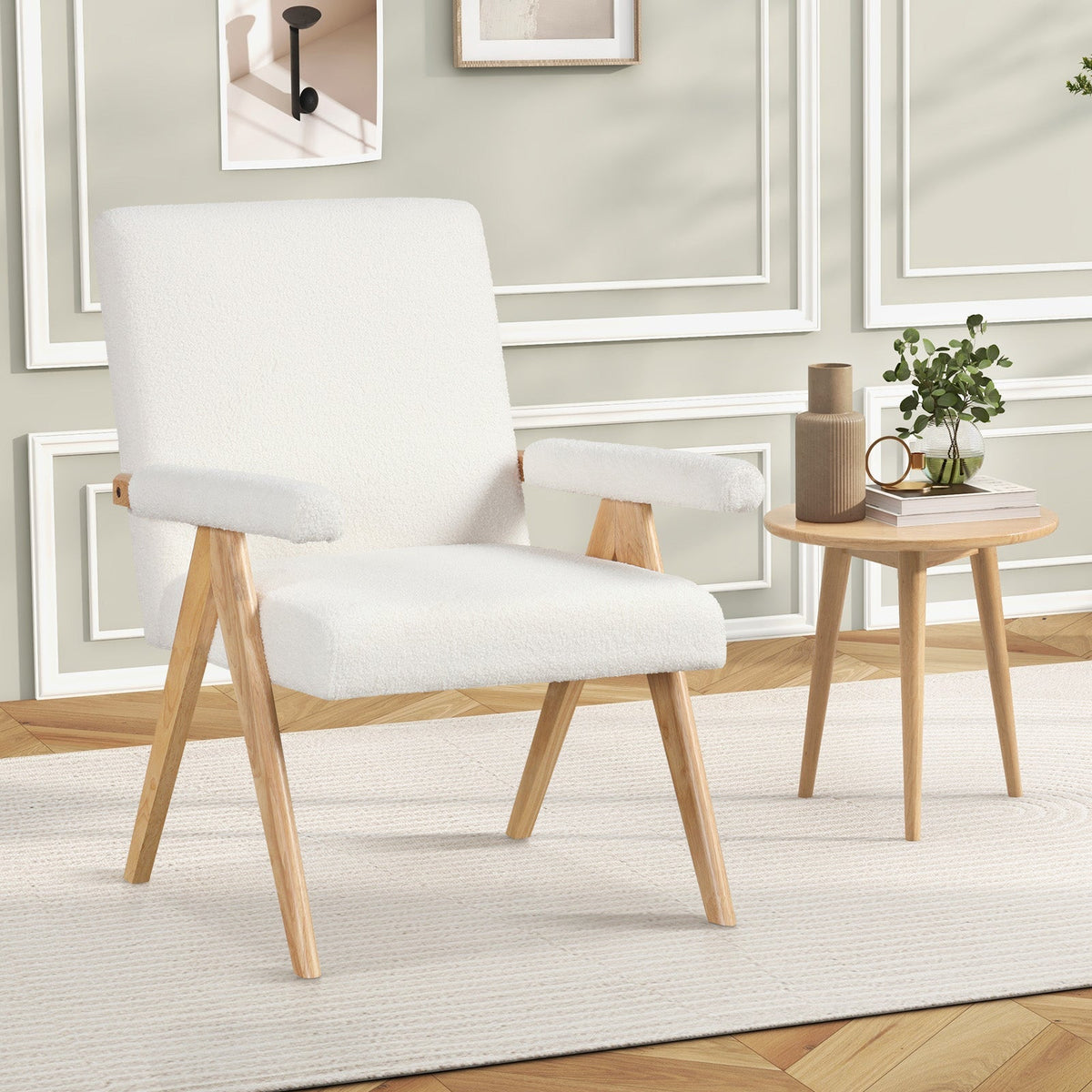 Mid Century Modern Accent Chair with Rubber Wood Frame and Padded Armrests-White