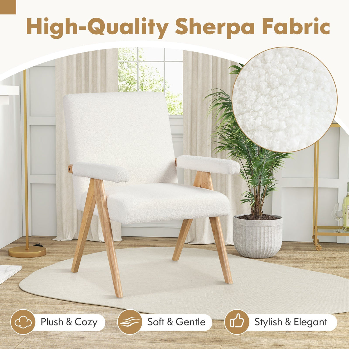 Mid Century Modern Accent Chair with Rubber Wood Frame and Padded Armrests-White