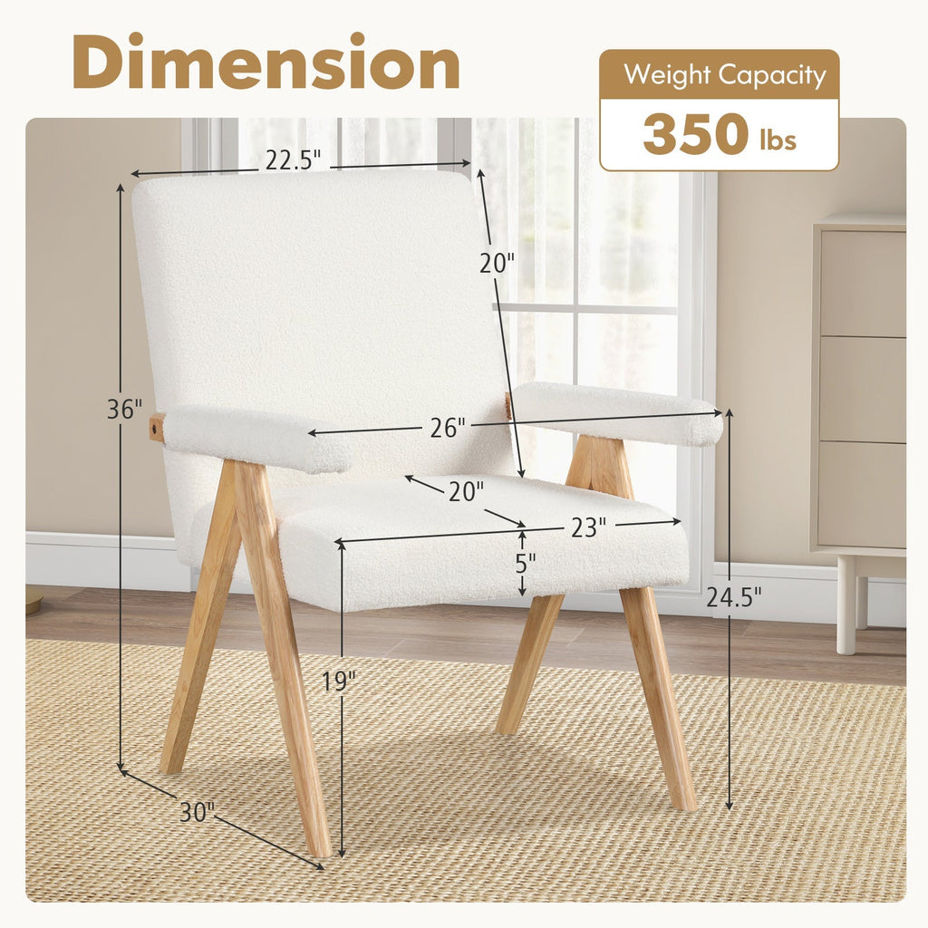 Mid Century Modern Accent Chair with Rubber Wood Frame and Padded Armrests-White
