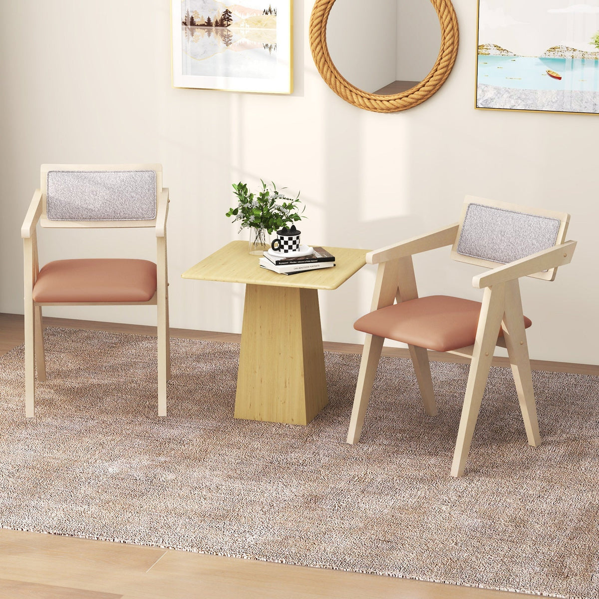 Mid Century Wooden Accent Chairs with Leathaire Seat Cushions Set of 2