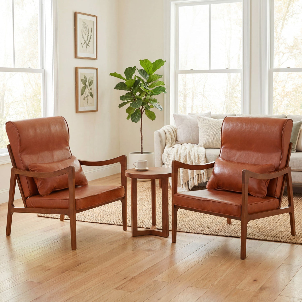 Modern Accent Chair with Solid Rubber Wood Faux Leather Upholstered Armchair