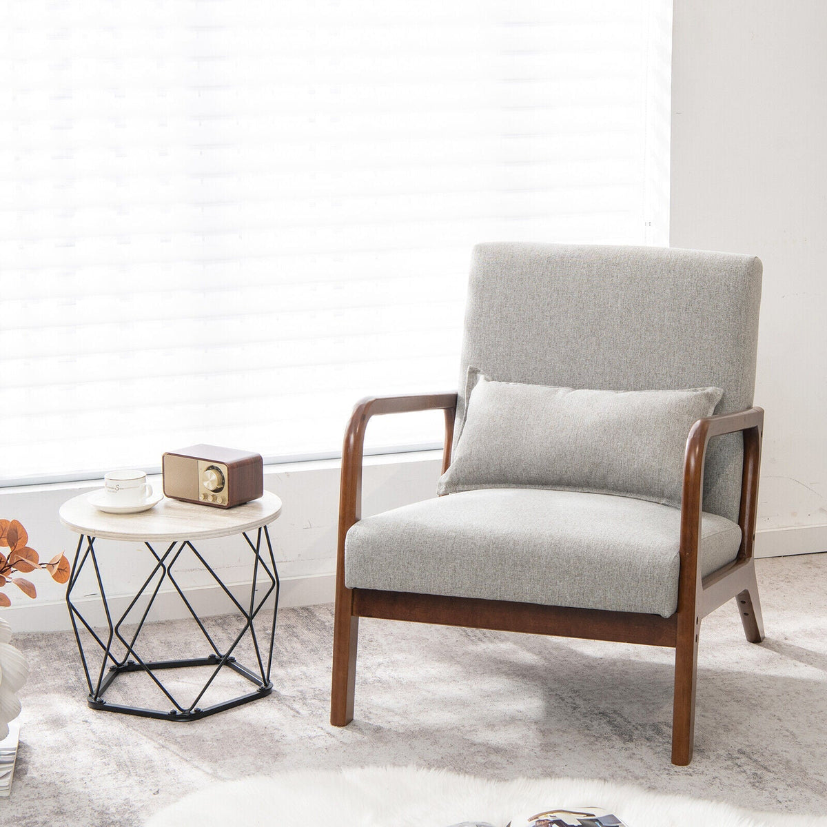 Modern Accent Chair with Rubber Wood Frame and Lumbar Pillow