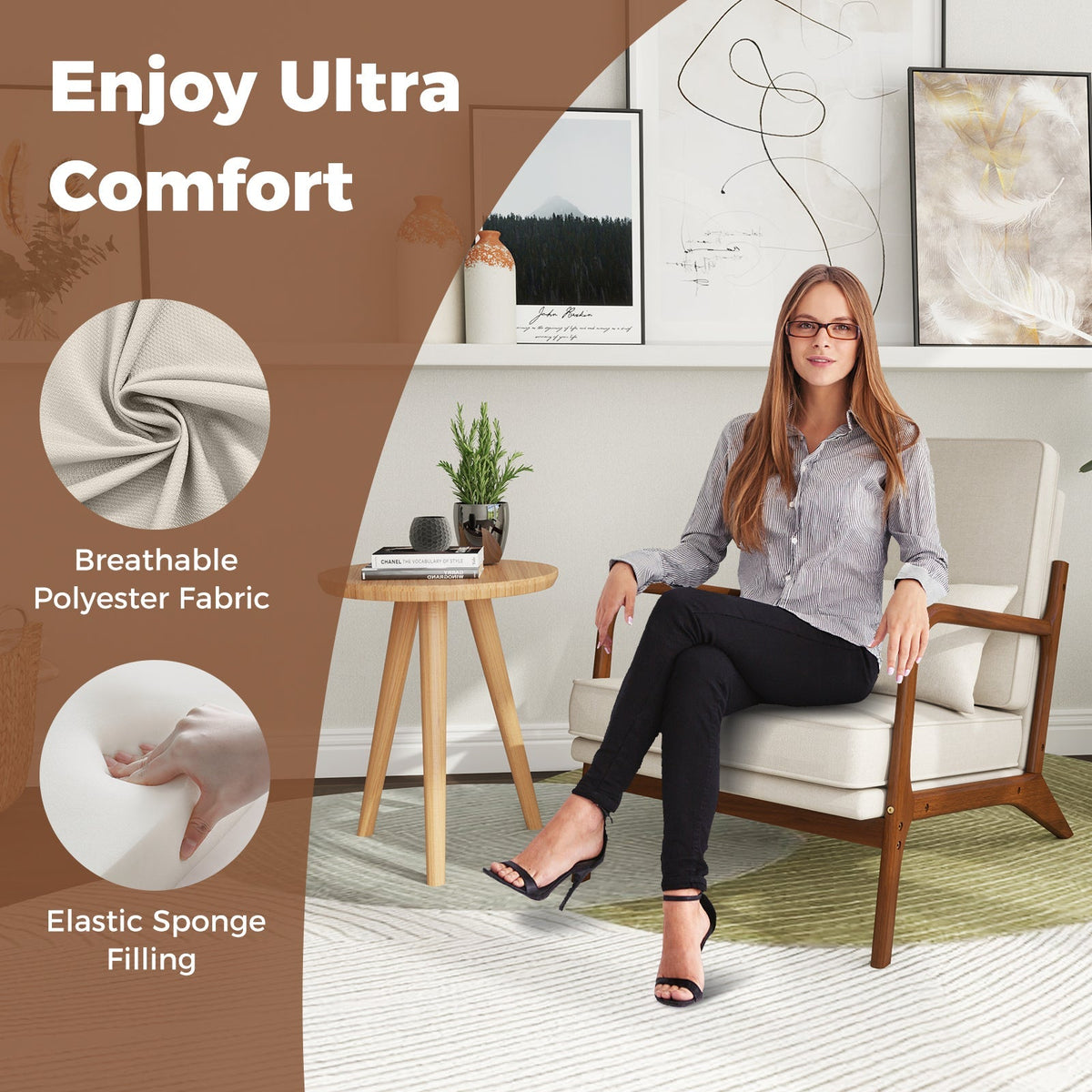 Modern Accent Chair with Rubber Wood Armrests and Removable Back