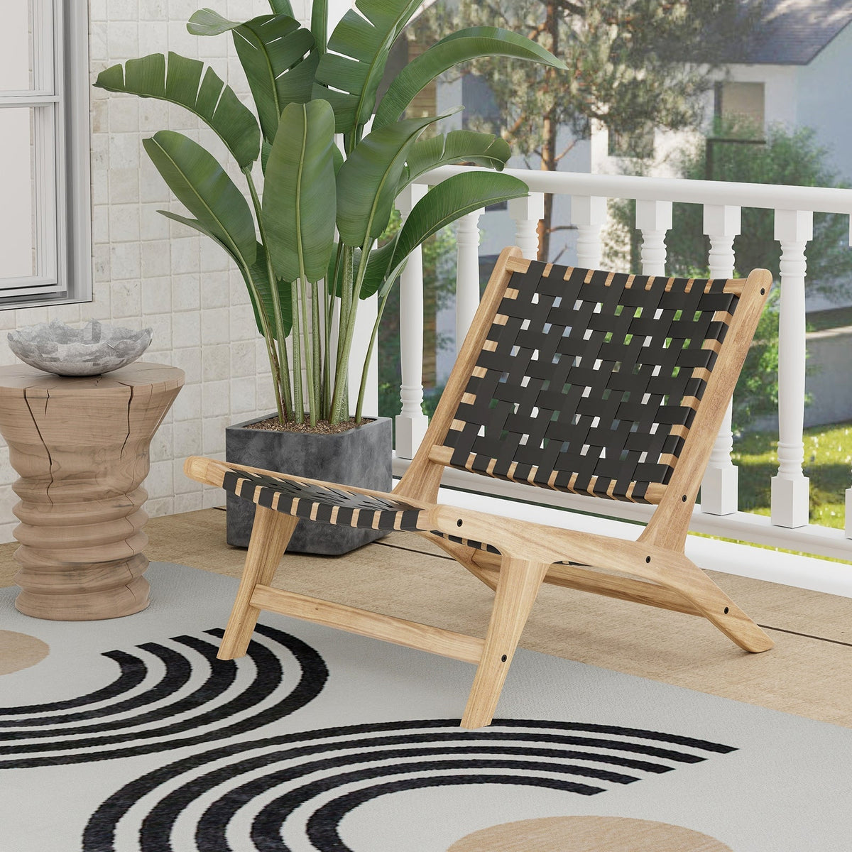 Modern Armless Teak Wood Lounge Chair with Nylon Woven Backrest and Seat