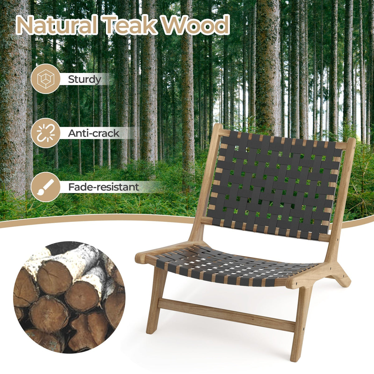 Modern Armless Teak Wood Lounge Chair with Nylon Woven Backrest and Seat