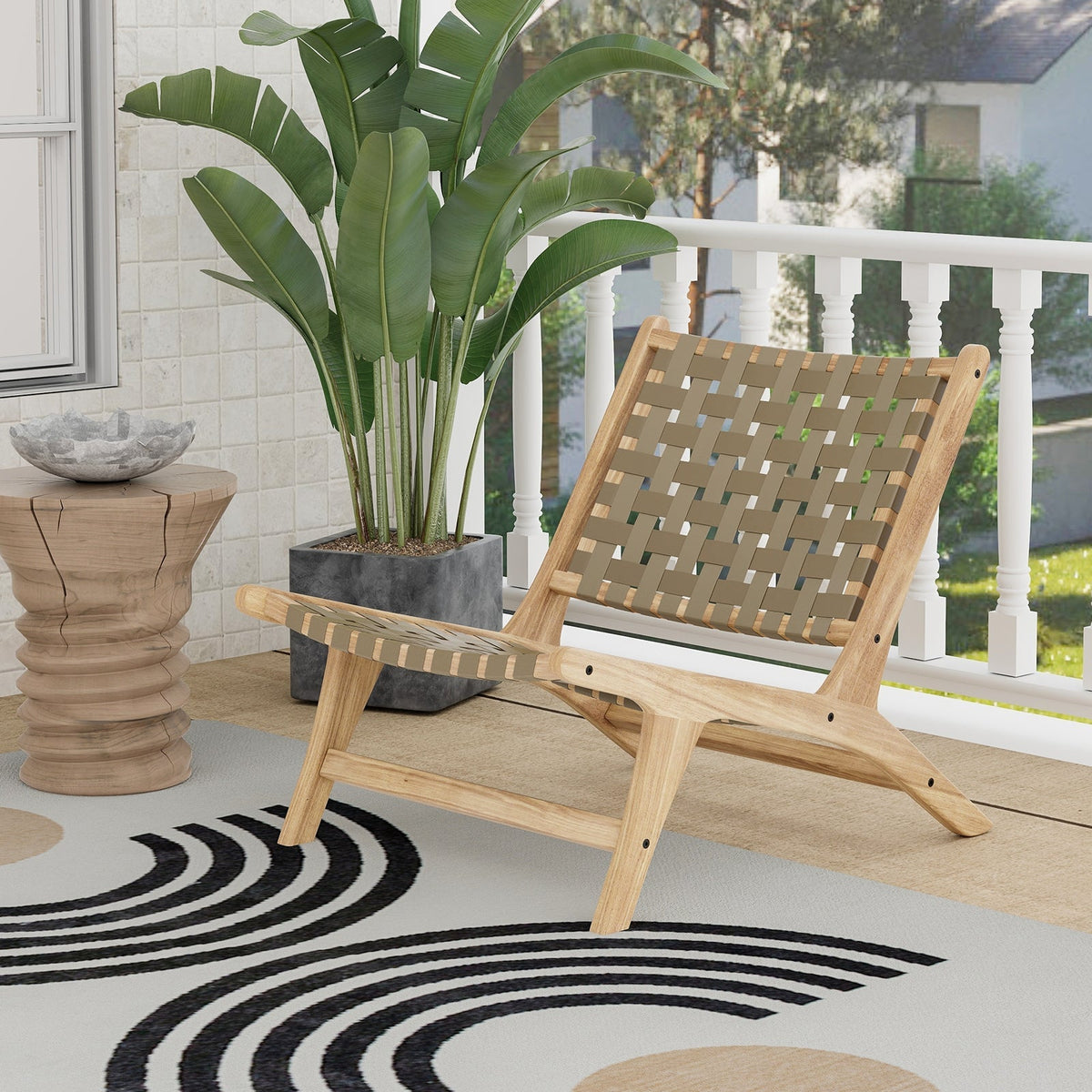 Modern Armless Teak Wood Lounge Chair with Nylon Woven Backrest and Seat