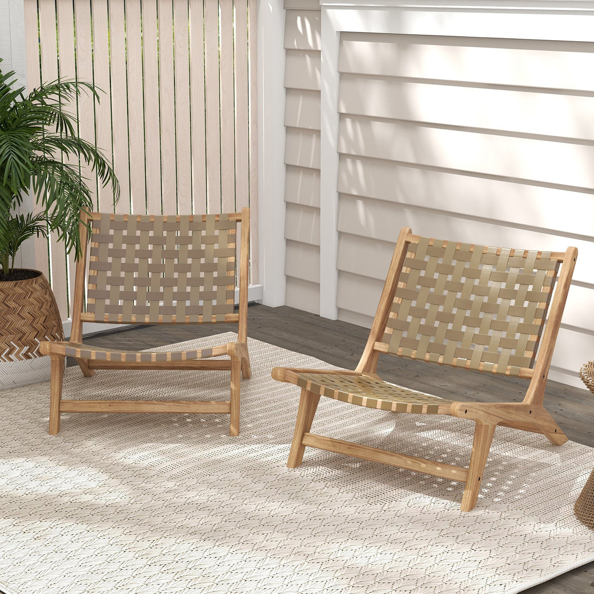 Modern Armless Teak Wood Lounge Chair with Nylon Woven Backrest and Seat