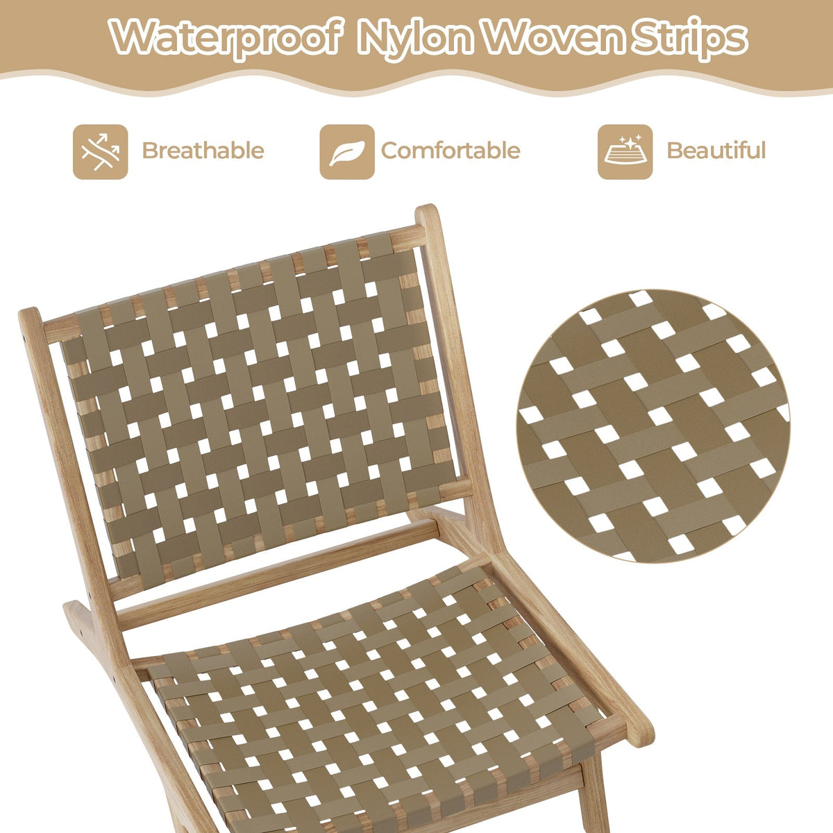 Modern Armless Teak Wood Lounge Chair with Nylon Woven Backrest and Seat