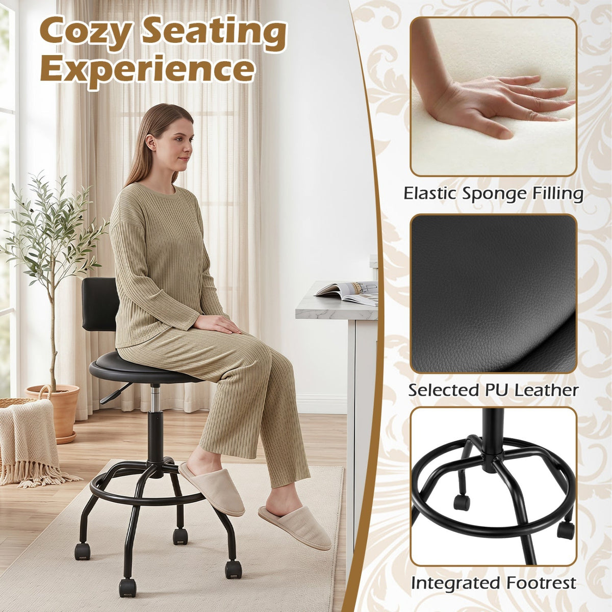 Adjustable-Height Swivel Bar Stools with Backrest