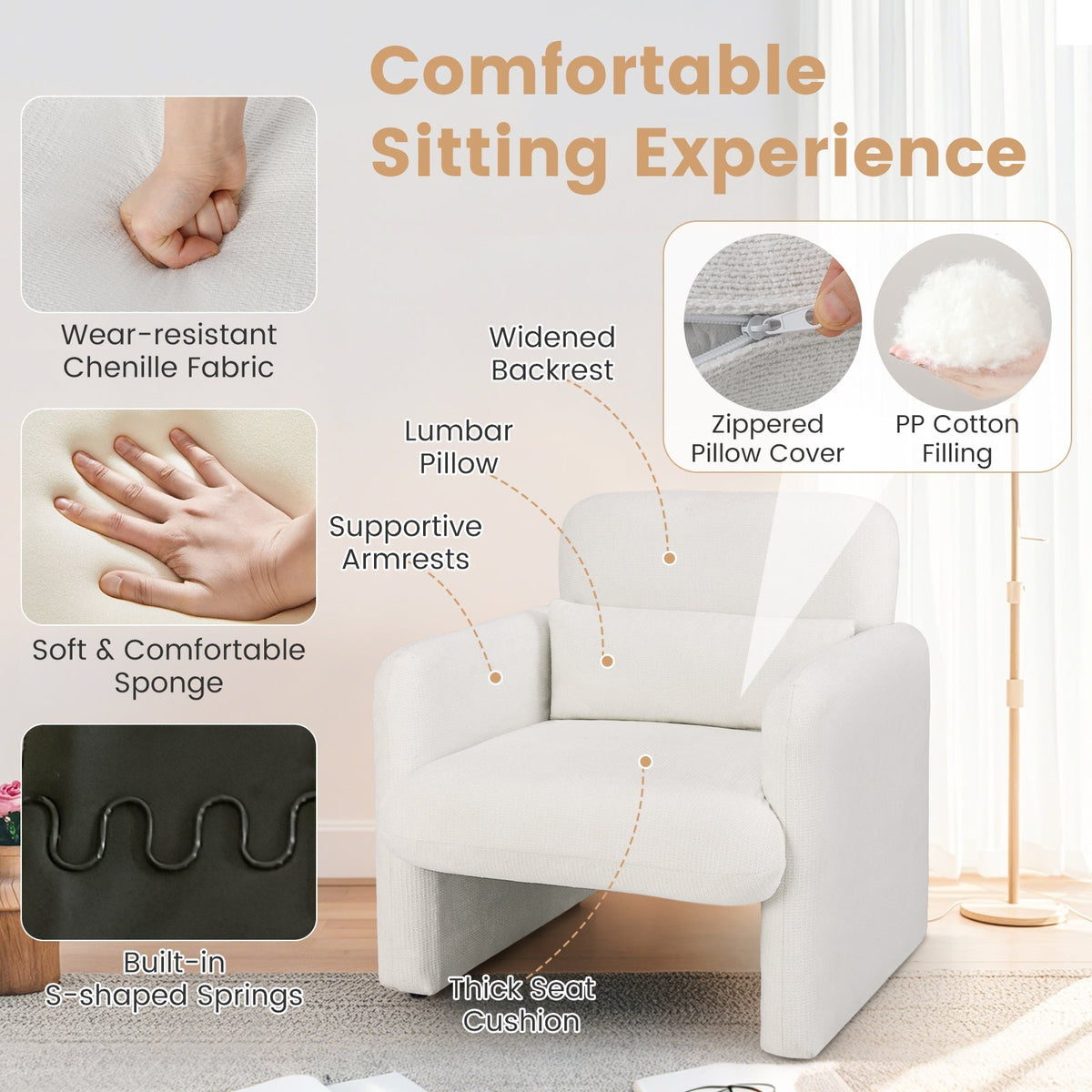 Modern Upholstered Chenille Accent Chair with Removable Lumbar Pillow-White