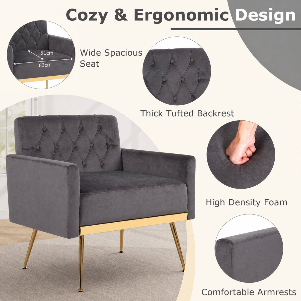 Modern Velvet Upholstered Accent Chair with Button-Tufted Back and Adjustable Feet