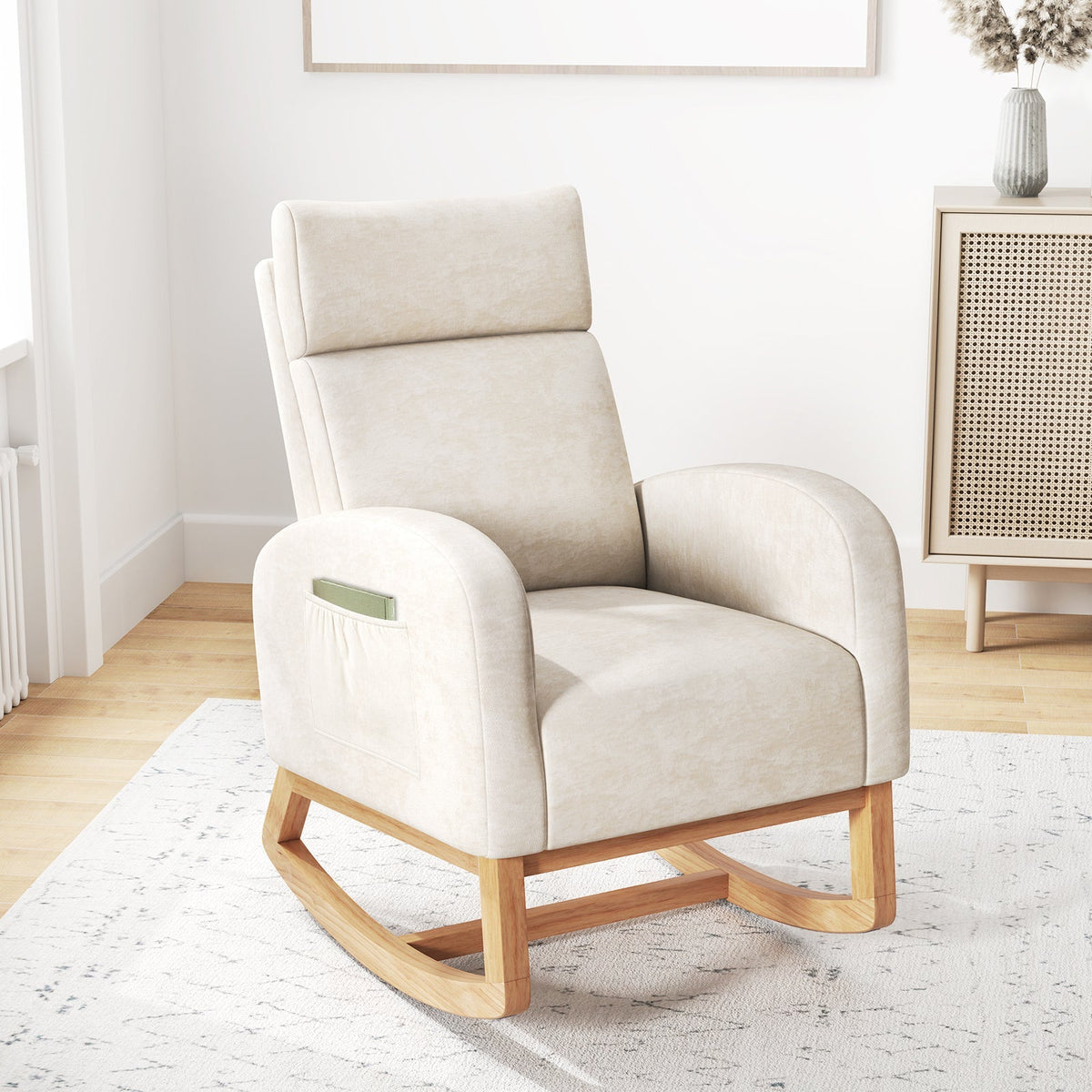 Nursery Rocking Chair Upholstered Chenille Rocker Armchair with Natural Rubber Wood Frame-Beige