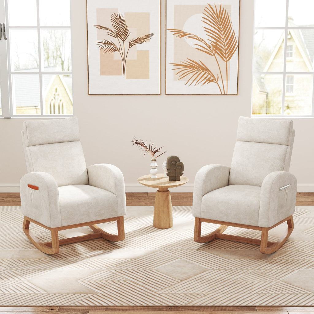 Nursery Rocking Chair Upholstered Chenille Rocker Armchair with Natural Rubber Wood Frame-Beige