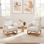 Nursery Rocking Chair Upholstered Chenille Rocker Armchair with Natural Rubber Wood Frame-Beige