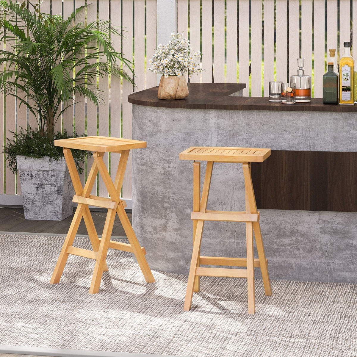 Set of 2 No Assembly Outdoor Bar Stools with Contoured Seat