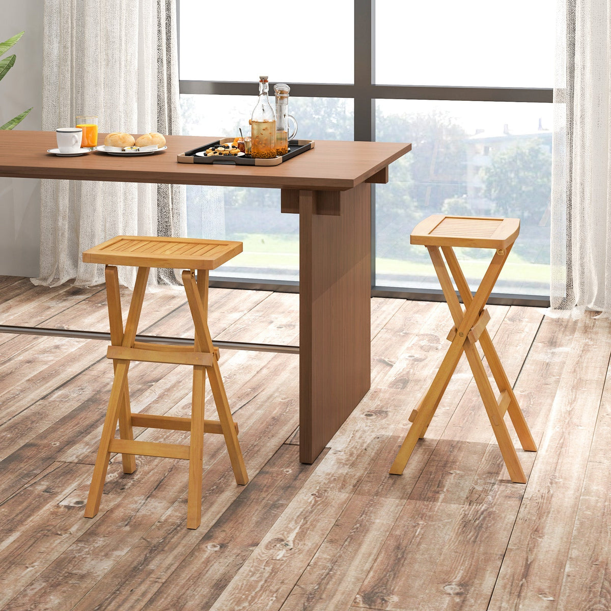 Set of 2 No Assembly Outdoor Bar Stools with Contoured Seat