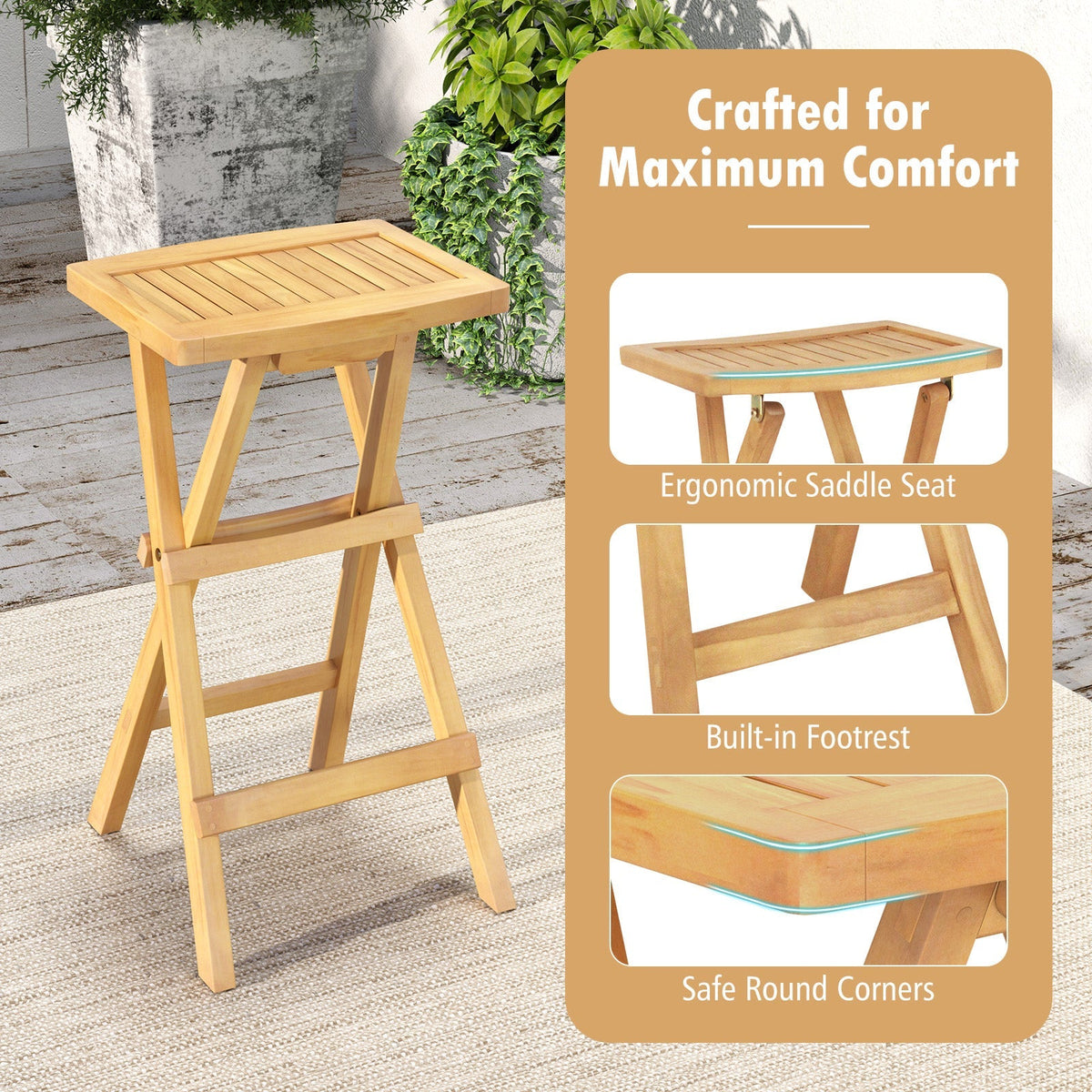 Set of 2 No Assembly Outdoor Bar Stools with Contoured Seat