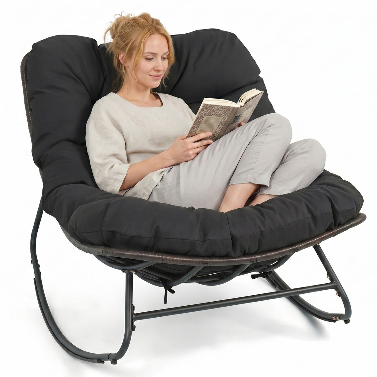 Papasan Rocking Chair with Thick Cushion - Outdoor Wicker