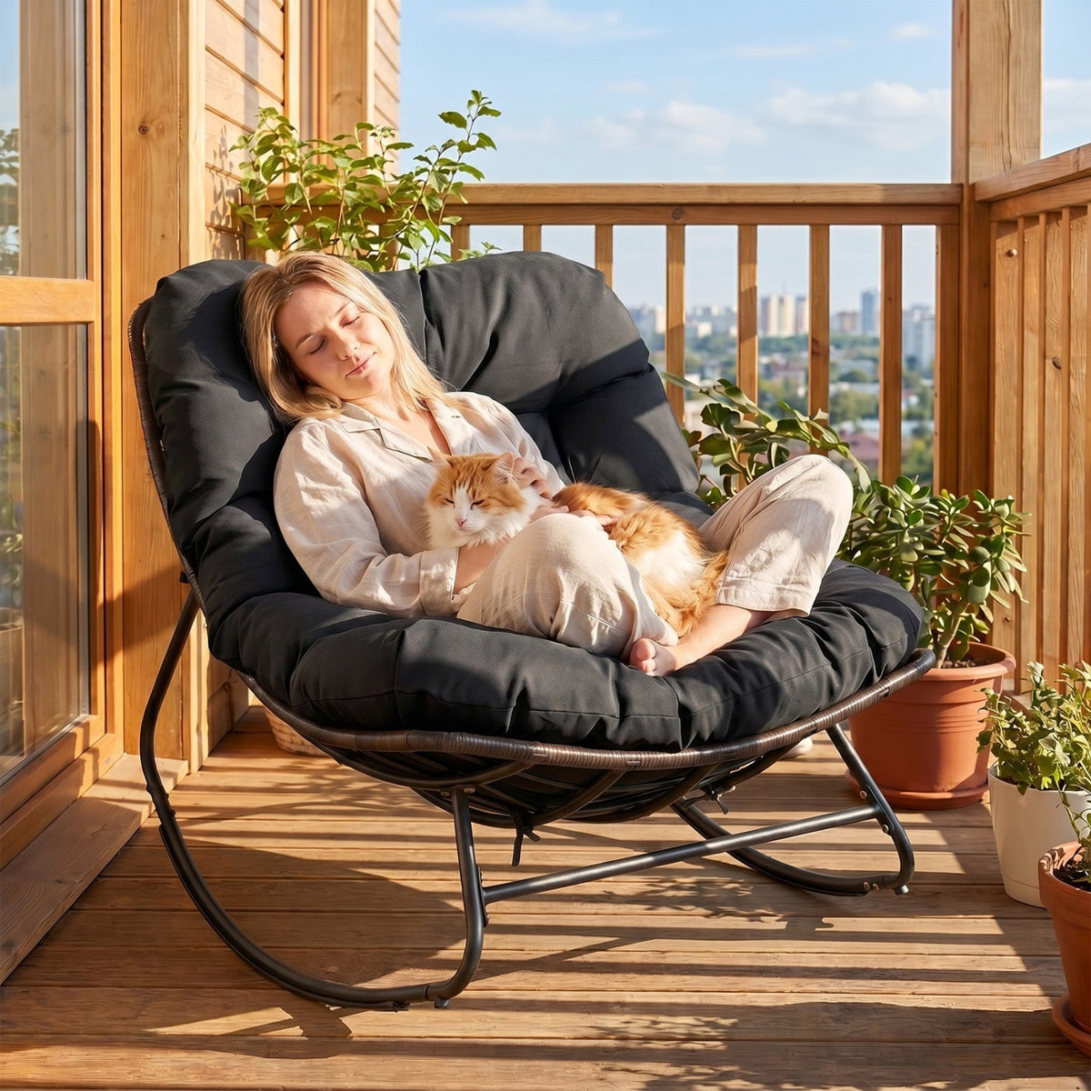Papasan Rocking Chair with Thick Cushion - Outdoor Wicker