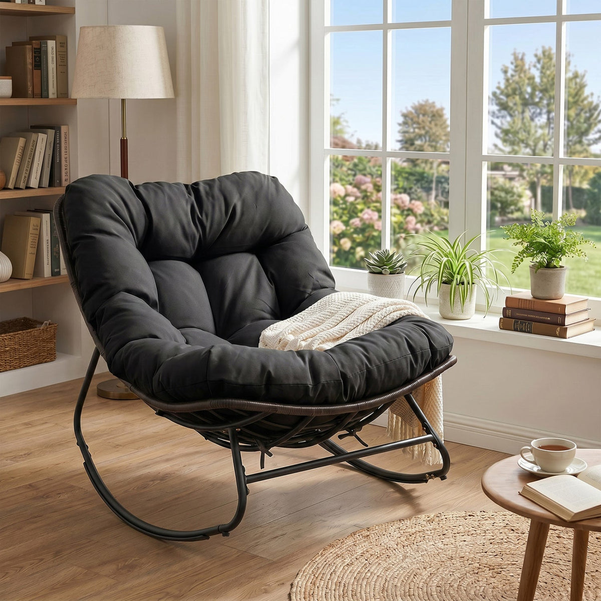 Papasan Rocking Chair with Thick Cushion - Outdoor Wicker