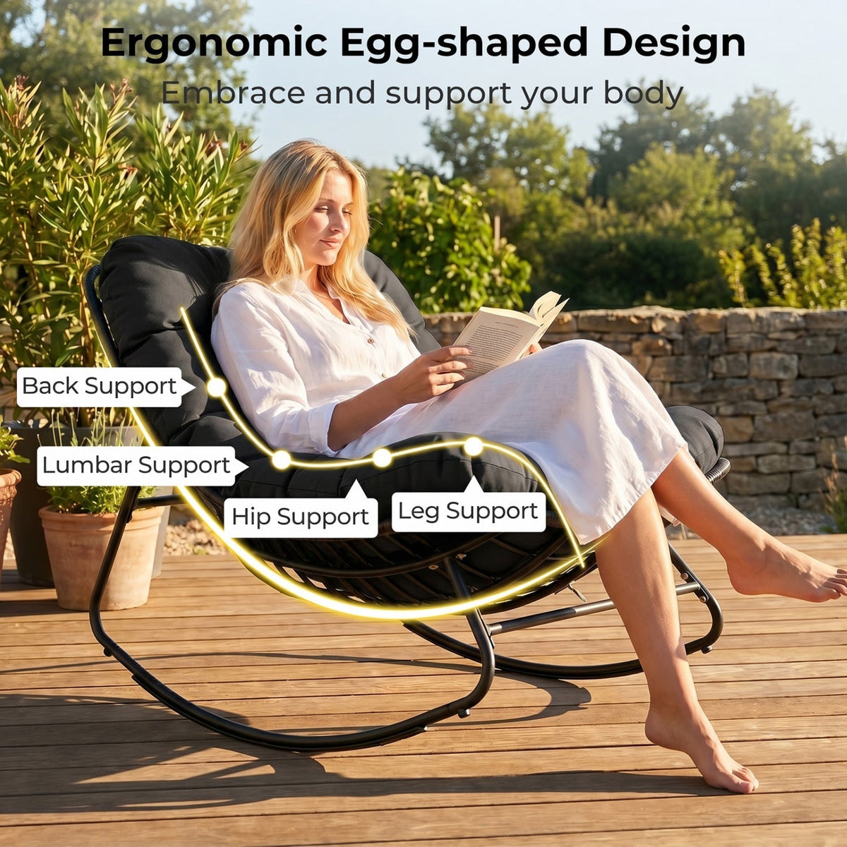 Papasan Rocking Chair with Thick Cushion - Outdoor Wicker