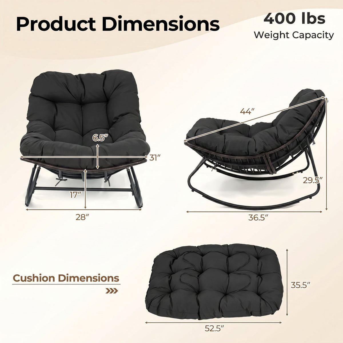 Papasan Rocking Chair with Thick Cushion - Outdoor Wicker
