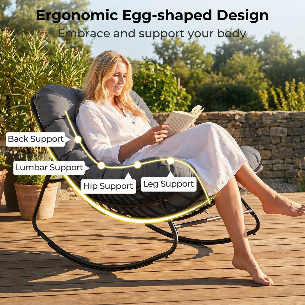 Papasan Rocking Chair with Thick Cushion - Outdoor Wicker