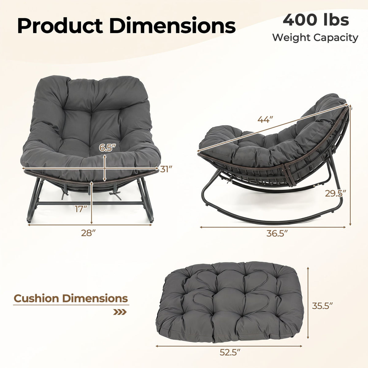 Papasan Rocking Chair with Thick Cushion - Outdoor Wicker