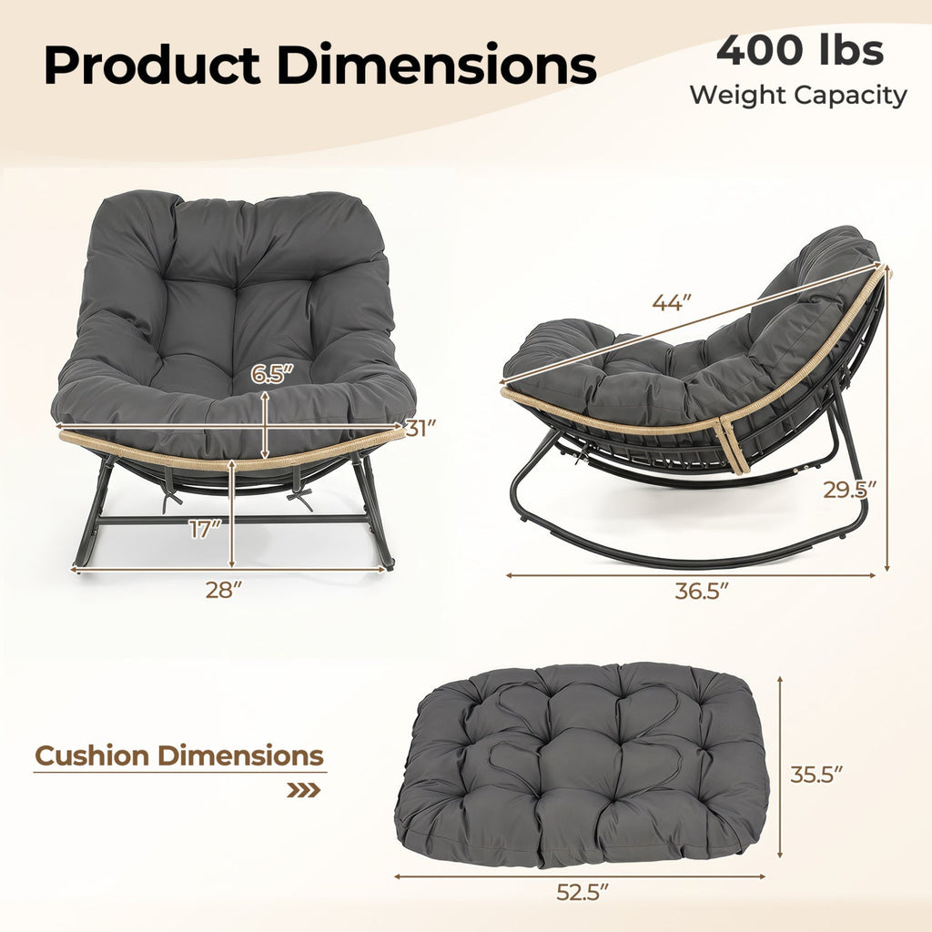 Papasan Rocking Chair with Cushioned Seat for Patio - Gray