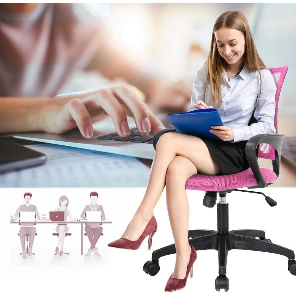 Pink Mid-Back Mesh Office Chair with Armrest