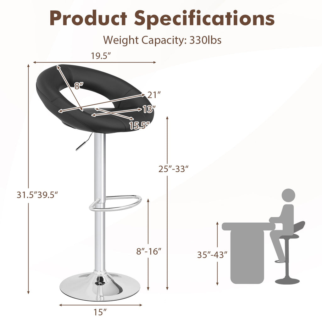 Height Adjustable Bar Stools Set of 2 with Hollow Back and Footrest-Black