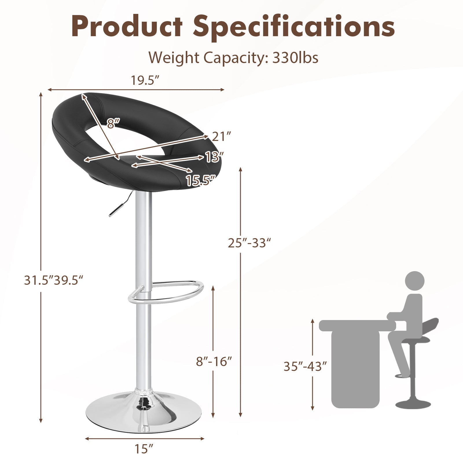 Height Adjustable Bar Stools Set of 2 with Hollow Back and Footrest-Black