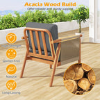 Patio Acacia Wood Chair with Woven Rope Armrests and Seat Back Cushions for Backyard