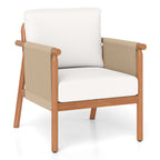 Patio Acacia Wood Chair with Woven Rope Armrests and Seat Back Cushions for Backyard