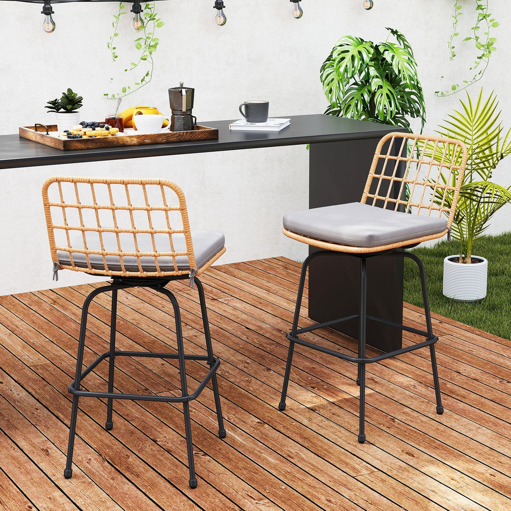 2-Piece Patio Swivel Bar Stools with Cushions