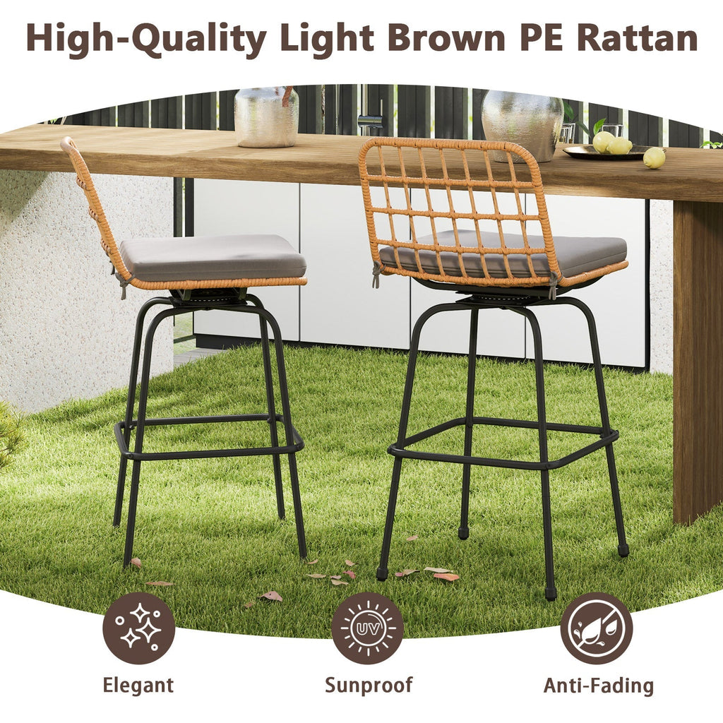 2-Piece Patio Swivel Bar Stools with Cushions
