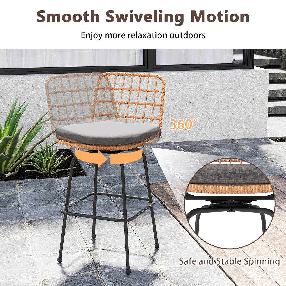 2-Piece Patio Swivel Bar Stools with Cushions