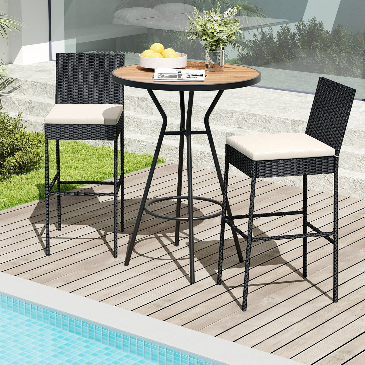4-Piece Patio Wicker Bar Stools with Cushions and Footrests