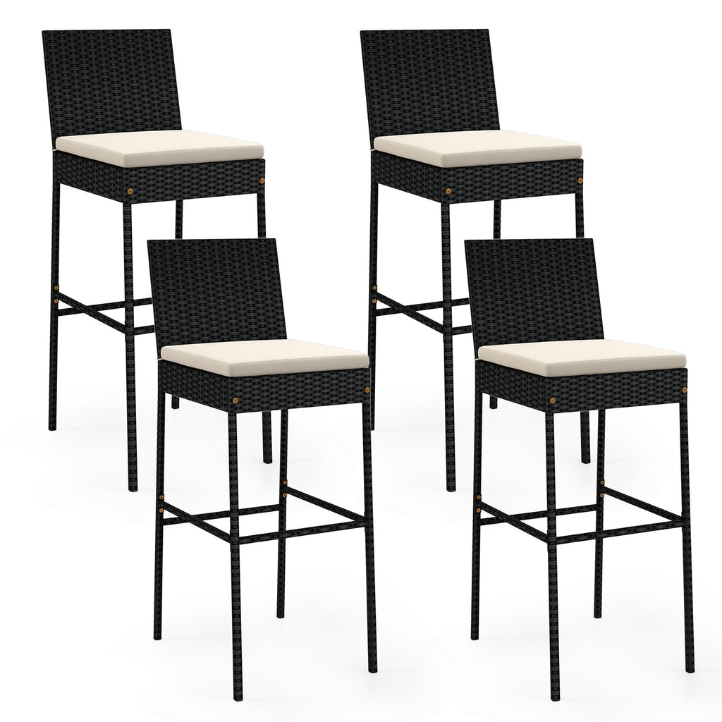 4-Piece Patio Wicker Bar Stools with Cushions and Footrests