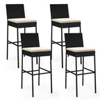 4-Piece Patio Wicker Bar Stools with Cushions and Footrests