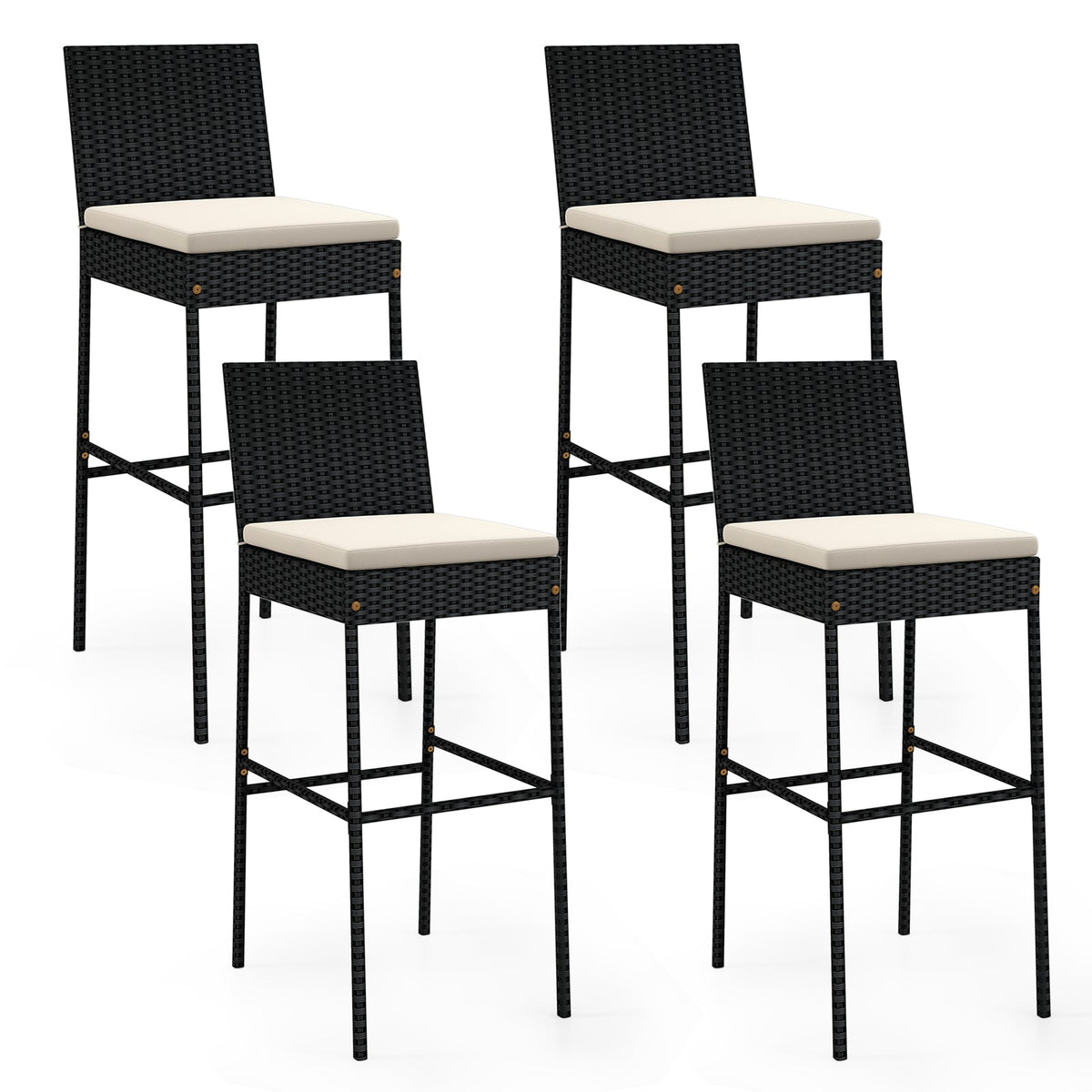 4-Piece Patio Wicker Bar Stools with Cushions and Footrests