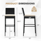 4-Piece Patio Wicker Bar Stools with Cushions and Footrests