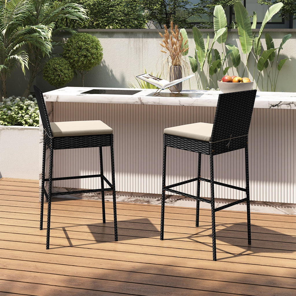 4-Piece Patio Wicker Bar Stools with Cushions and Footrests
