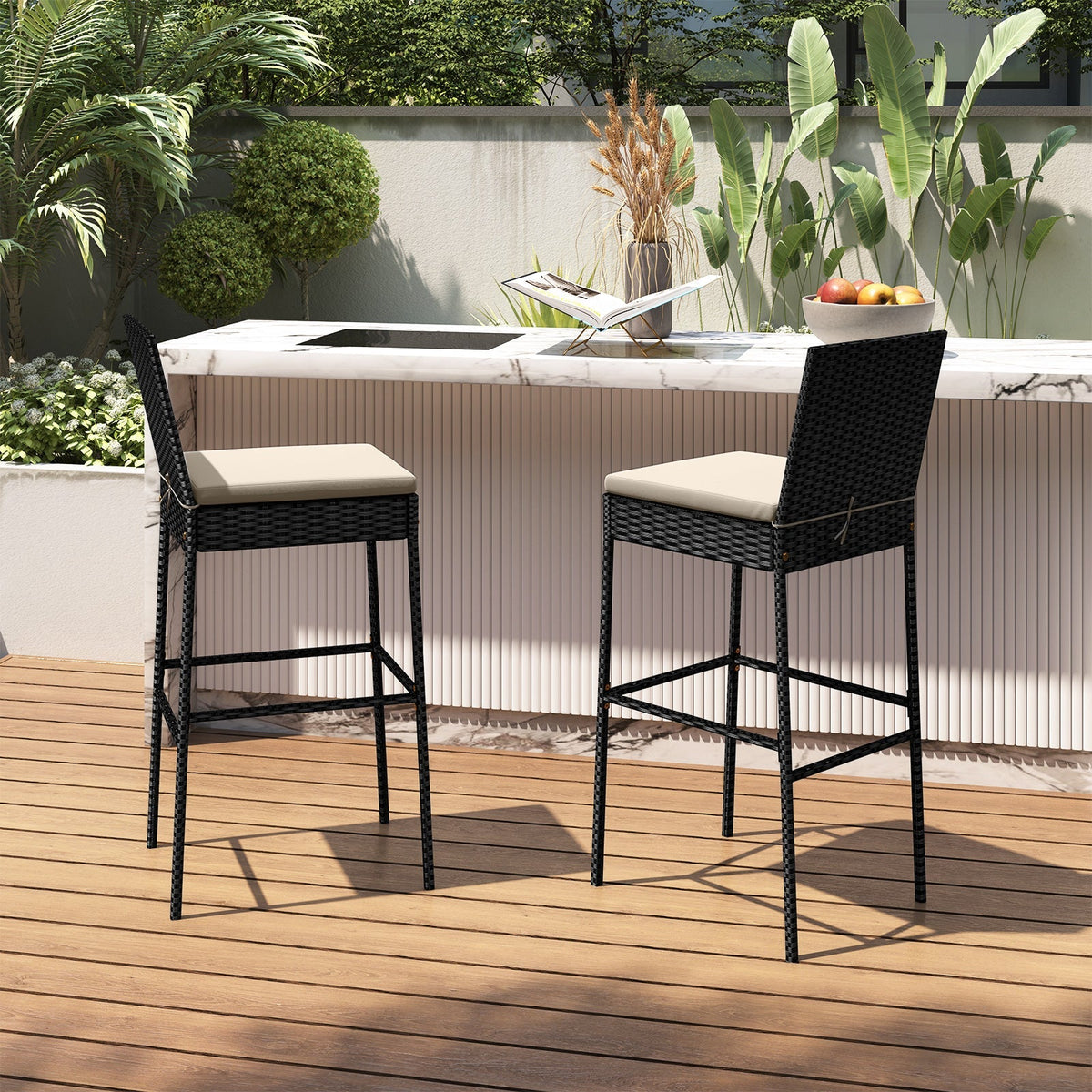 4-Piece Patio Wicker Bar Stools with Cushions and Footrests