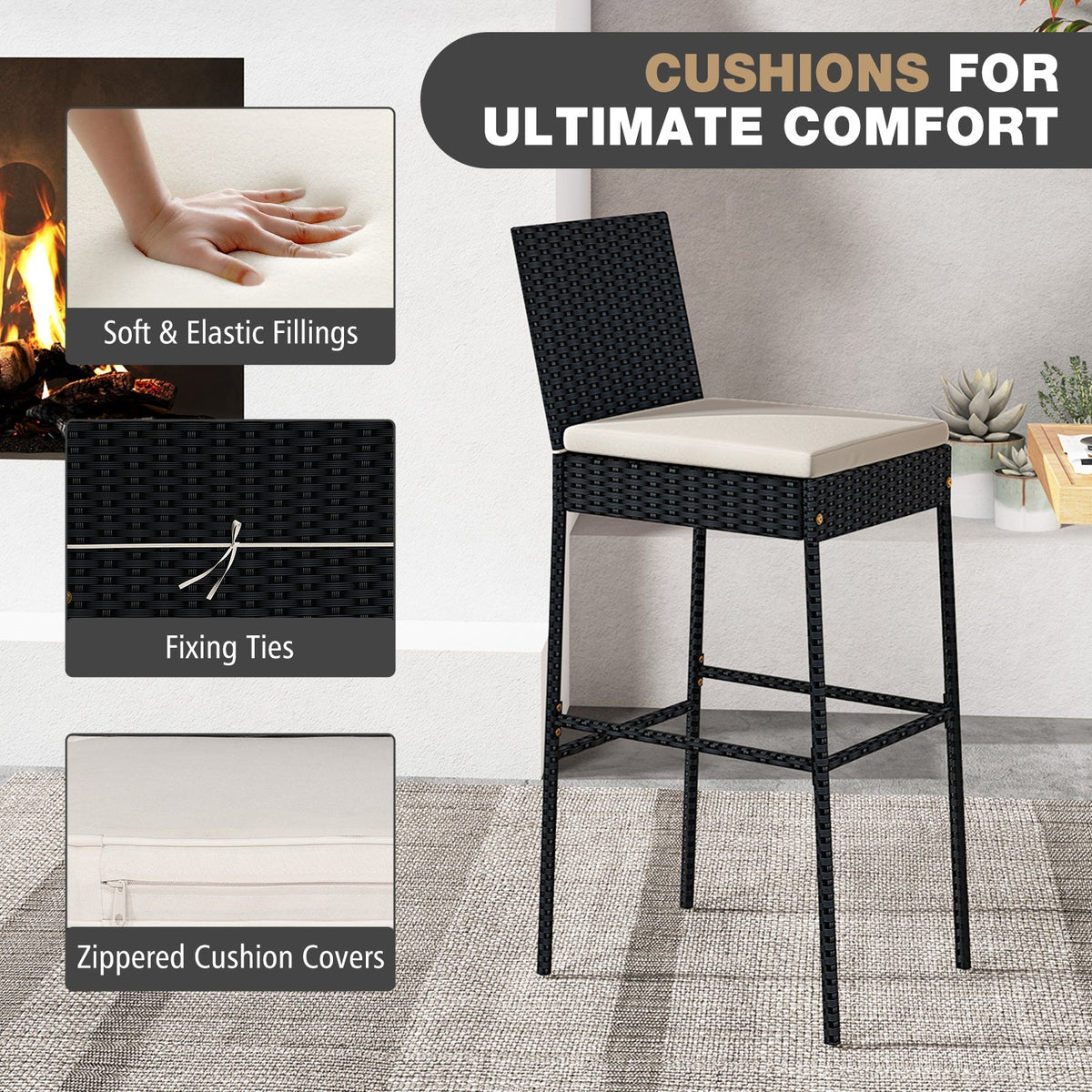 4-Piece Patio Wicker Bar Stools with Cushions and Footrests
